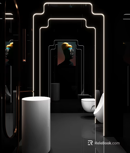 Luxurious Hotel Bathroom Interior With Black Walls Illuminated Mirrors And White Fixtures 3d model 