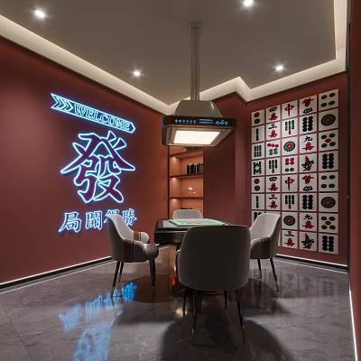 Hotel Mahjong Room Featuring Neon Fa Character Mahjong Tile Decorative Wall And Cozy Chairs 3d model