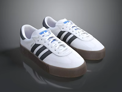 Comfortable White Low Top Sneakers With Black Stripes And Brown Sole 3d model