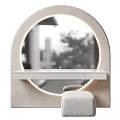 Minimalist White Vanity With Round Illuminated Mirror And Stool Design 3d model