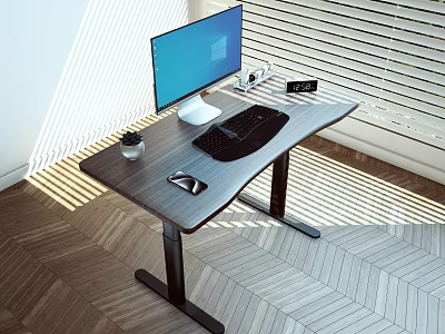 Modern Office Desk With Computer Monitor Keyboard Mouse Coffee Cup And Sunlight Through Window Blinds 3d model