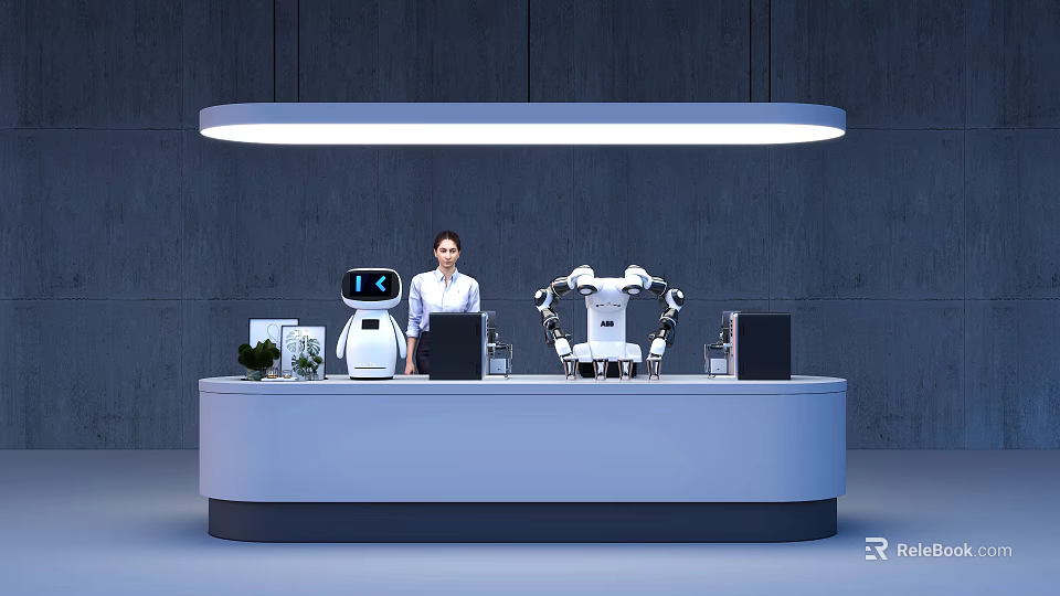 Exhibition Reception Desk With Female Receptionist Computer Robots Small Plant Gray Wall And Hanging Lamp 3d model 
