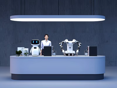 Exhibition Reception Desk With Female Receptionist Computer Robots Small Plant Gray Wall And Hanging Lamp 3d model