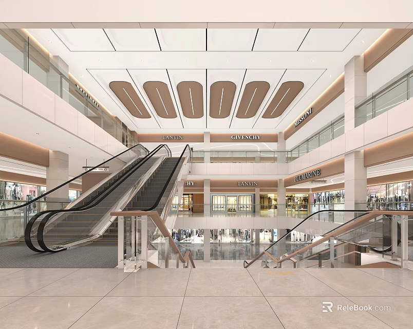 Shopping Mall Lobby Interior with Escalators Stairs Modern Ceiling Glass Railings and Surrounding Stores 3d model 