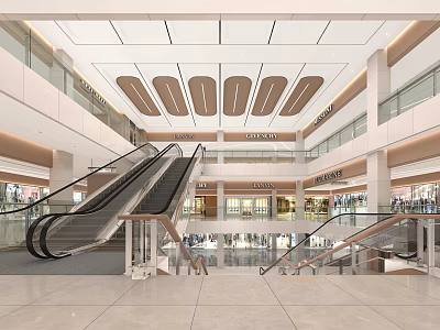 Shopping Mall Lobby Interior with Escalators Stairs Modern Ceiling Glass Railings and Surrounding Stores 3d model