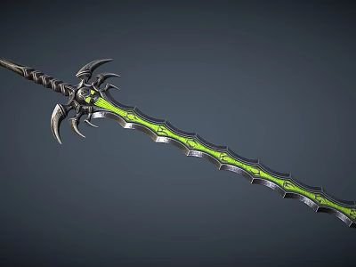 Decorative Sword With Glowing Green Blade Intricate Carvings And Spiked Hilt Design 3d model