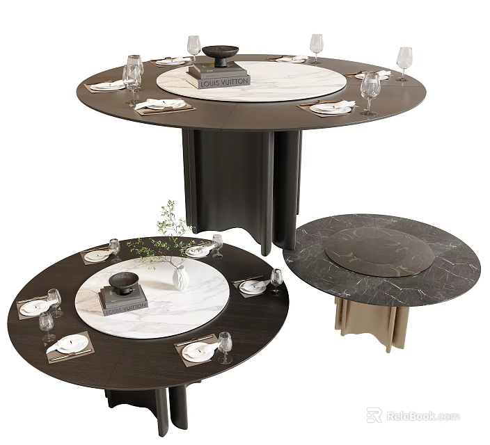 Round Dining Table with Marble Top Decorative Centerpiece Plates and Wine Glasses 3d model 