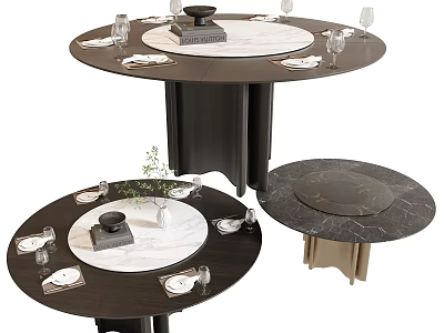 Round Dining Table with Marble Top Decorative Centerpiece Plates and Wine Glasses 3d model