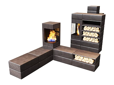 Modern Fireplace Design With Burning Flames Glass Front And Firewood Storage 3d model