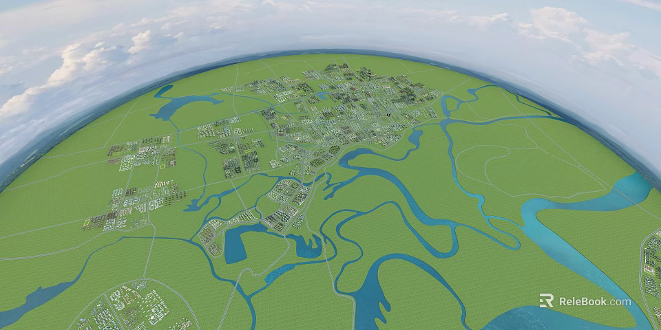 Birds Eye View Urban Planning With Green Spaces River Systems And Road Networks 3d model 