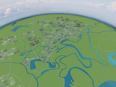 Birds Eye View Urban Planning With Green Spaces River Systems And Road Networks 3d model