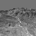 Scenic Monochrome Mountain Landscape With Winding River And Rugged Terrain