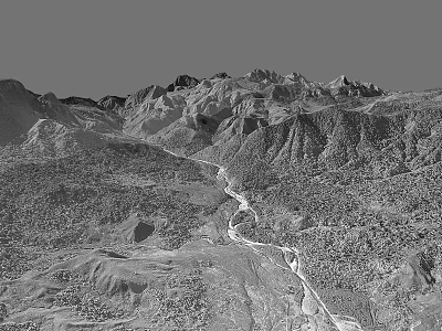 Scenic Monochrome Mountain Landscape With Winding River And Rugged Terrain 3d model