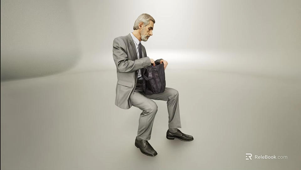 A Man In Gray Suit Sitting And Checking Dark Bag Against Plain Gray Background 3d model