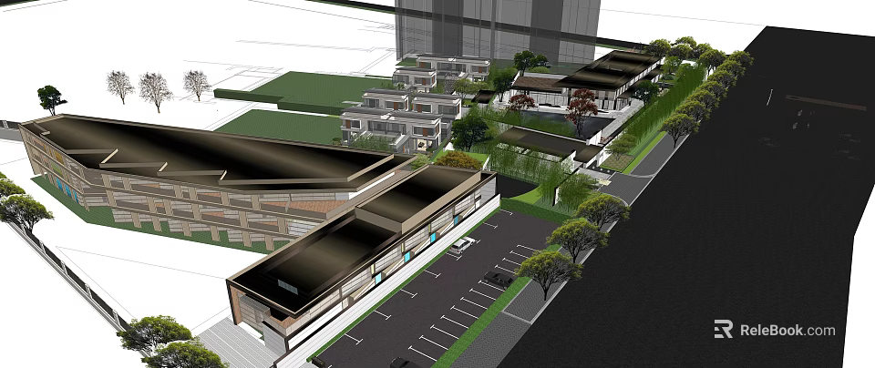 Modern Architectural Complex Aerial View With Green Spaces Parking Lot And Trees 3d model 