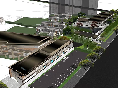 Modern Architectural Complex Aerial View With Green Spaces Parking Lot And Trees 3d model
