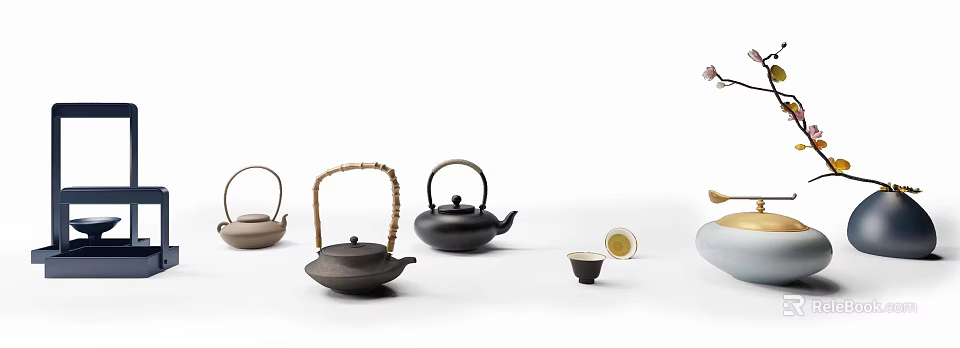 Elegant Ceramic Teaware Collection Featuring Black Brown Teapots With Bamboo Handles And Teacups 3d model 