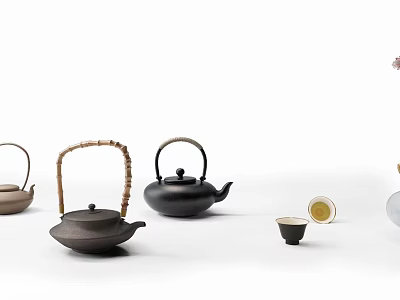 Elegant Ceramic Teaware Collection Featuring Black Brown Teapots With Bamboo Handles And Teacups 3d model