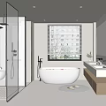 Modern Bathroom Interior With Glass Shower Enclosure Freestanding Bathtub Double Vanity Sinks And Window Blinds