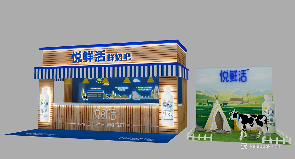Fresh Milk Bar Event Storefront With Wooden Structure And Blue Striped Awning 3d model 
