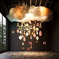 Garden Decor Pieces Cloud Shaped Chandelier and Hanging Colorful Ornaments by Window Green Trees