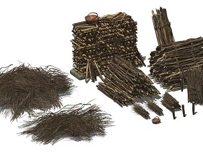 Rustic Stone and Stacked Wood Piles with Bundled Twigs and Logs 3d model