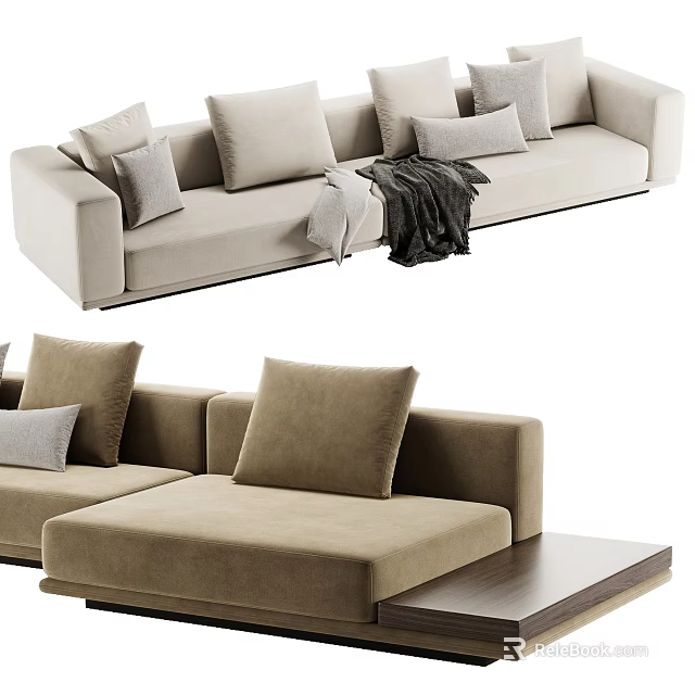 L Shaped Sectional Sofa In Neutral Tone With Multiple Cushions And Throw Blanket 3d model