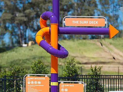 Outdoor Commercial Directional Signage Equipment With Purple Orange Pipe Structure For Surf Deck 3d model