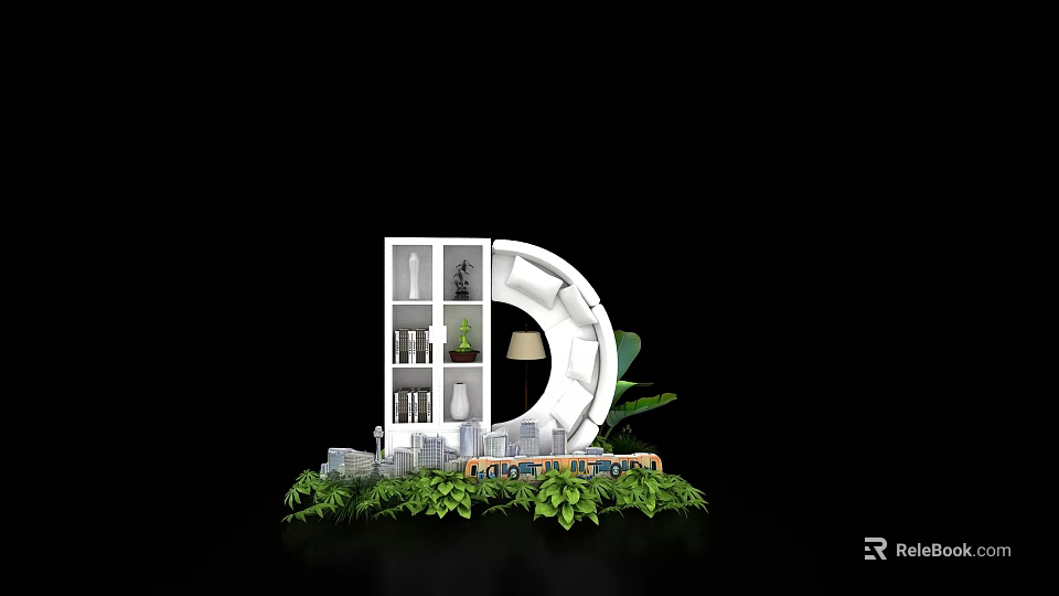Creative Letter D Shaped Miniature Interior Scene With Bookshelf Lamp Sofa And Green Plants 3d model 