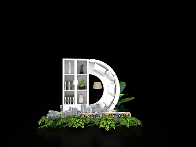 Creative Letter D Shaped Miniature Interior Scene With Bookshelf Lamp Sofa And Green Plants 3d model