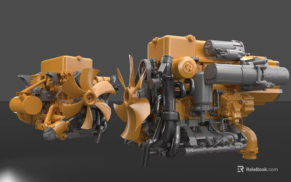 Industrial Equipment Yellow Diesel Engines With Fan Blades And Mechanical Components 3d model 