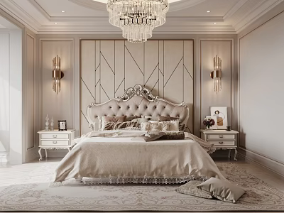 Luxurious Classic Bedroom Interior With Upholstered Bed Geometric Panel Wall Chandelier And Nightstands 3d model