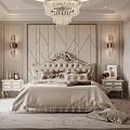 Luxurious Classic Bedroom Interior With Upholstered Bed Geometric Panel Wall Chandelier And Nightstands