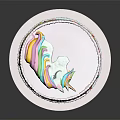White Round Cake With Colorful Rainbow Flower Paisley Designs And Red Border On Reflective Plate