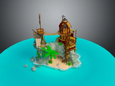 Tropical Island Scene With Tower Rope Bridge Palm Tree Rocks Sand Beach And Ocean Water 3d model
