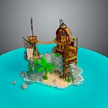 Tropical Island Scene With Tower Rope Bridge Palm Tree Rocks Sand Beach And Ocean Water