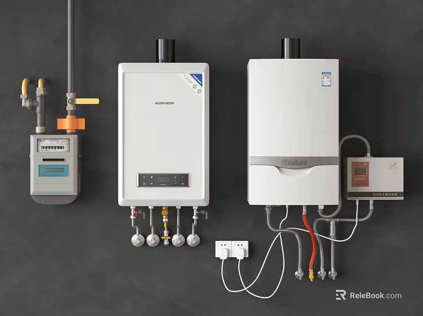 Modern Domestic Gas Water Heaters Wall Mounted With Gas Meter Controller And Pipes 3d model 