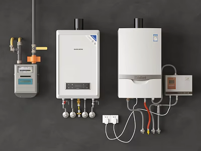 Modern Domestic Gas Water Heaters Wall Mounted With Gas Meter Controller And Pipes 3d model