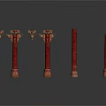 Red Architectural Columns With Decorative Carved Tops And Simple Cylindrical Designs