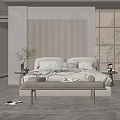 Modern Minimalist Bedroom Interior With Striped Headboard Bench Side Tables and Plants