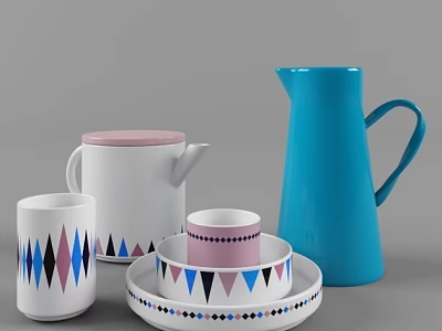 Colorful Ceramic Mugs with Geometric Patterns and Blue Pitcher Serving Set 3d model