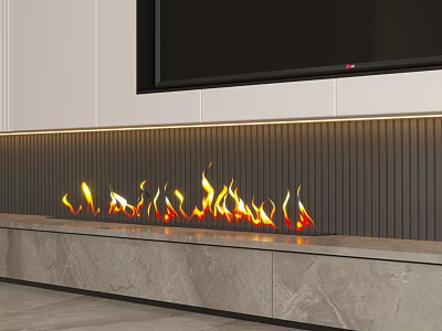 Modern Linear Fireplace With Flames Grey Striped Wall Marble Base Living Room Interior 3d model