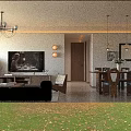 Modern Natural Dining And Living Room Interior With Wooden Cabinets Sofa And Chandelier