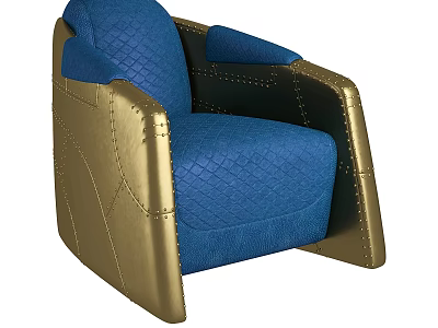 Modern Blue Quilted Accent Chair With Gold Metal Armrests And Rivet Accents 3d model