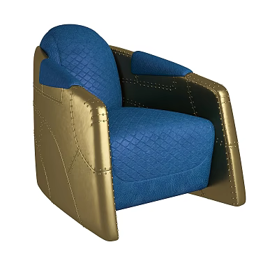 Modern Blue Quilted Accent Chair With Gold Metal Armrests And Rivet Accents 3d model