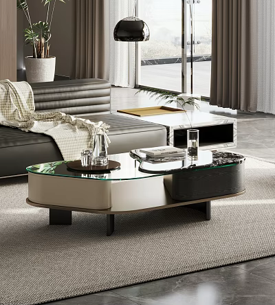 Modern Glass Top Coffee Table With Magazine Tray And Vase In Stylish Living Room 3d model