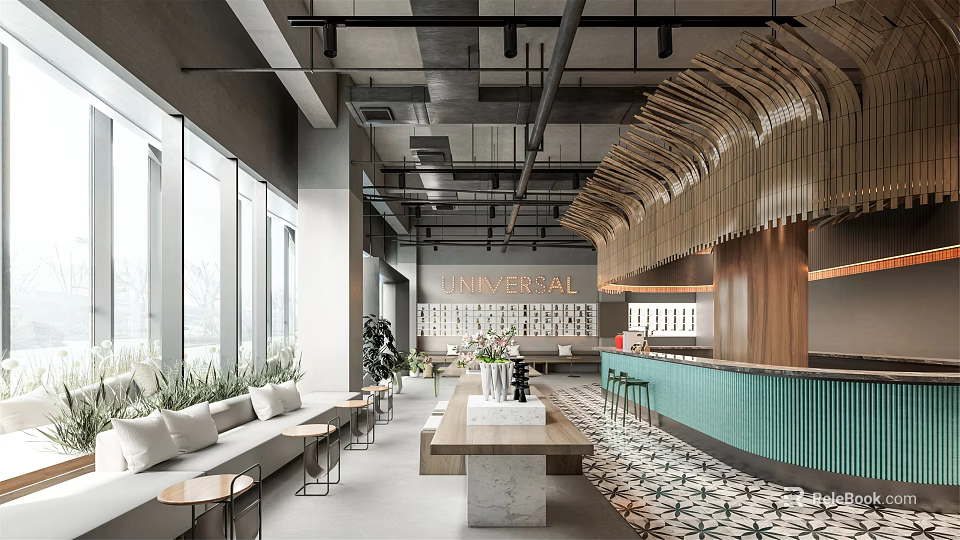 Modern Restaurant Interior With Wooden Accents Green Bar Counter Plants And Large Windows 3d model 