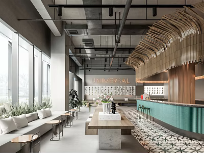 Modern Restaurant Interior With Wooden Accents Green Bar Counter Plants And Large Windows 3d model