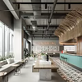 Modern Restaurant Interior With Wooden Accents Green Bar Counter Plants And Large Windows
