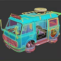 Colorful Blue Food Truck Interior Design With Cartoon Decorations And Open Door
